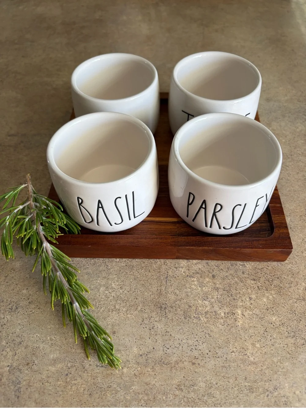 Rae Dunn White Ceramic Herb Jars with Wood Lids and Wooden Tray